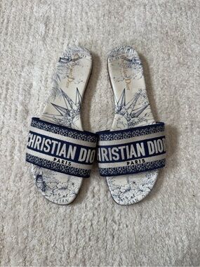 Dior White and Navy Christian Dior Toile Slide Sandals